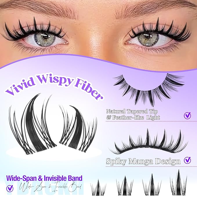Manga Lash Clusters Natural Spiky Lash Extension Invisible Band Spikes Anime Eyelash Clusters 10-16mm DIY Wispy Individuals Lashes 132Pcs Fairy Eyelash Extension Clear Band