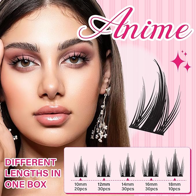 PROLASHBEAUTY Manga Lash Clusters, Eyelash Clusters 10-16 Mixed Cluster Eyelash Extensions Mixed Lash Extension Reusable Soft & Comfortable (Anime,10-16mix)