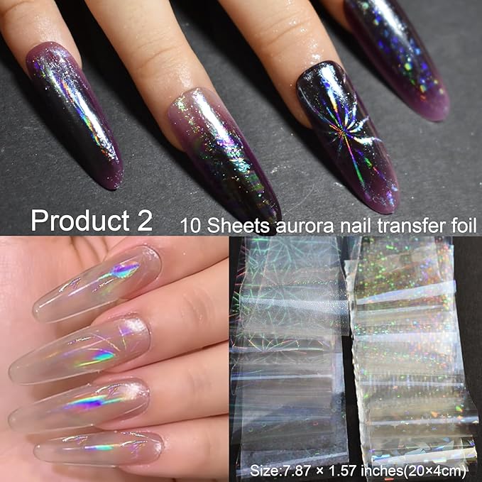 Holographic Chrome Nail Powder Kit - 8 Jars Pearl Chrome Mirror Effect Powder and 10 Sheets Transparent Aurora Nail Transfer Foils, Glitter Manicure Art Supplies