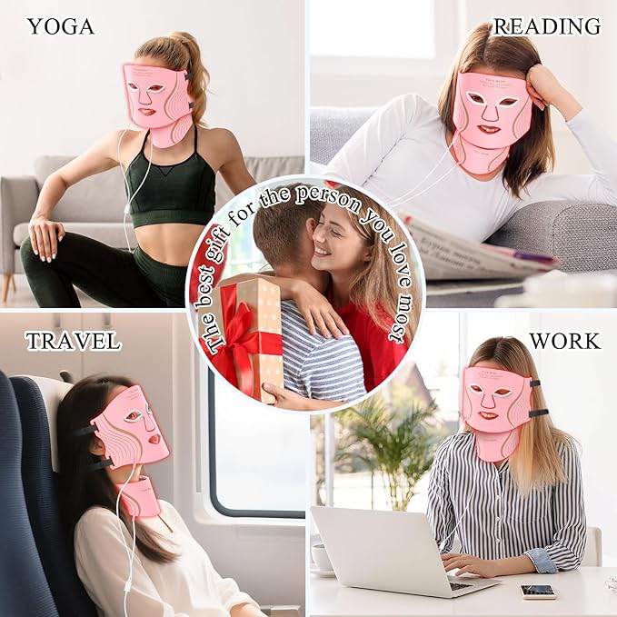 Red Light Therapy for Face & Neck, LED Red Light Therapy Mask for Anti-Aging, Wrinkle Reduction, and Skin Firming, Rechargeable LED Face Mask Light Therapy, 7 Modes, 5 Levels, Home & Travel Use