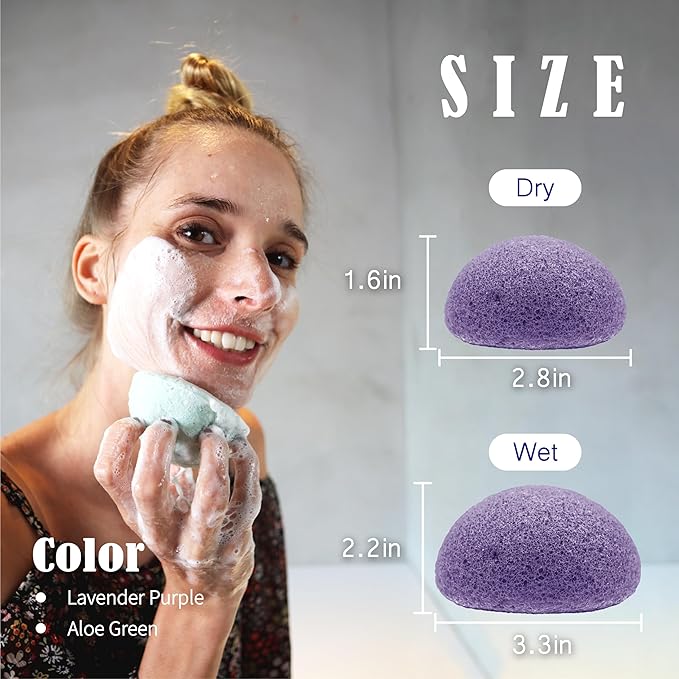 myHomeBody Natural Konjac Facial Sponges - for Gentle Face Cleansing and Exfoliation - with Lavender Purple and Aloe Vera, Set of 4