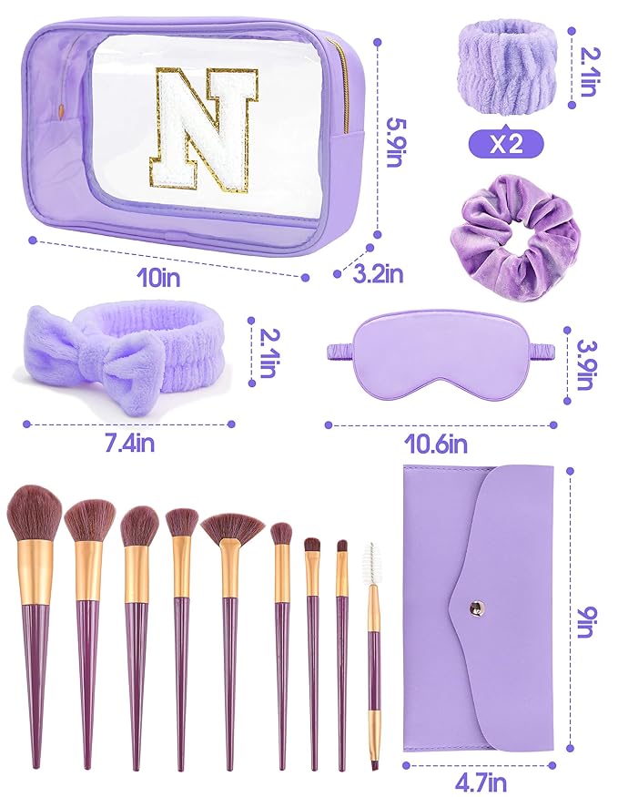 Gift Sets for Women, Initial Makeup Bag with Makeup Brush Set Bachelorette Party Favors, Purple Spa Kit with Skincare Headbands Wrist Bands Sleepover Party Supplies Gifts for Teen Girls Bridesmaid N