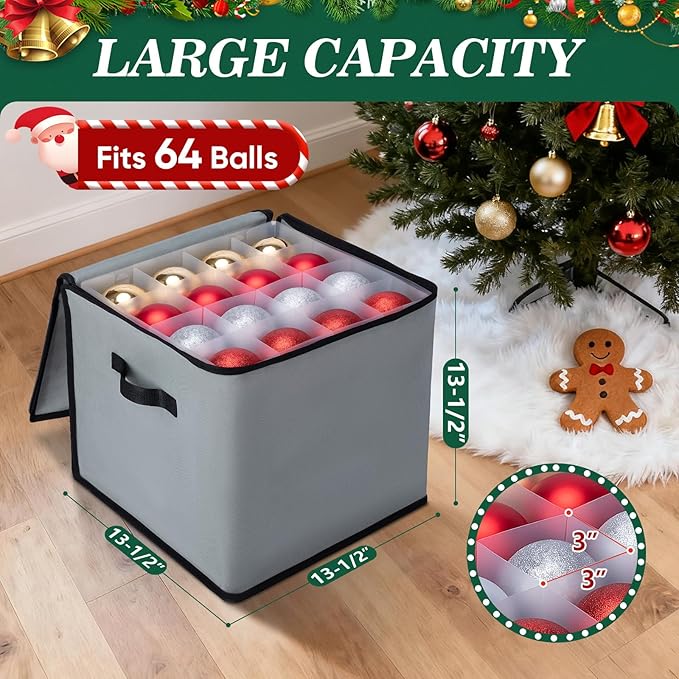 BALEINE Christmas Ornament Storage Box with Dividers, Premium Holiday Ornaments Storage Container Bin for Xmas Decorations (64 Ball, Grey, Soft)