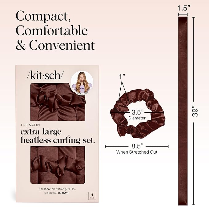 Kitsch Satin Heatless Hair Curler Set - Heatless Curls Overnight with Hair Curler & 2 Satin Scrunchies - Hair Curlers to Sleep in for Overnight Curls - Overnight Blowout Rods - Chocolate