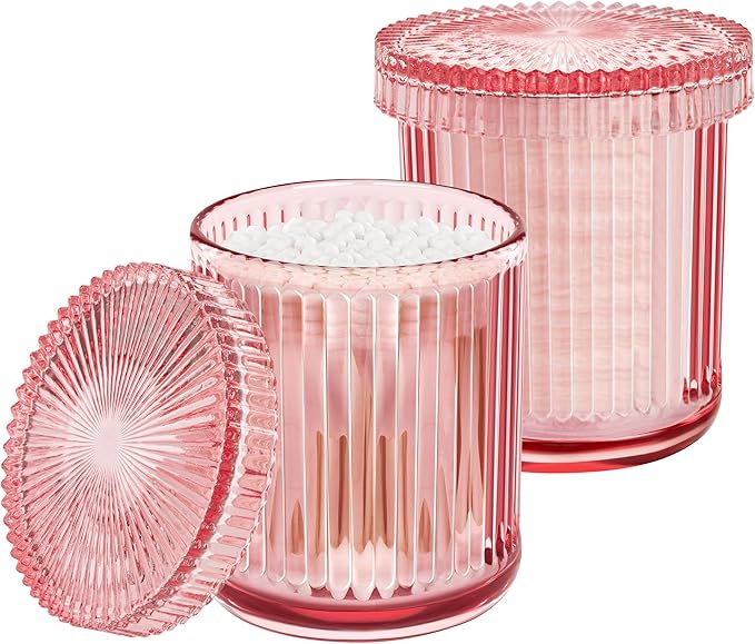 MKOSAB 2 Pack Qtip Holders for Bathroom, Clear Glass Apothecary Jars with Lids,Vintage Bathroom Canisters for Cotton Balls,Swabs,Floss Picks,Hair Ties,Vanity Organizer and Storage Decor (Pink)