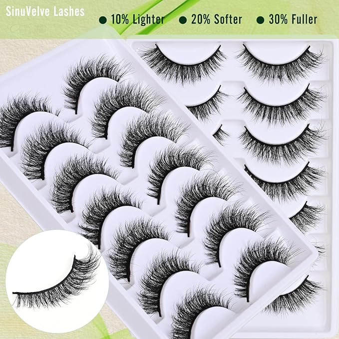 SinuVelve Lashes Natural Look 13mm Super Soft False Strip Lashes,Eco Friendly Wispy Mink Lashes Pack 7 Pairs D Curl,Cat Eye Short Lashes Thin Band,Reusable Wispy Eyelash Light Weight By Hiklasy.