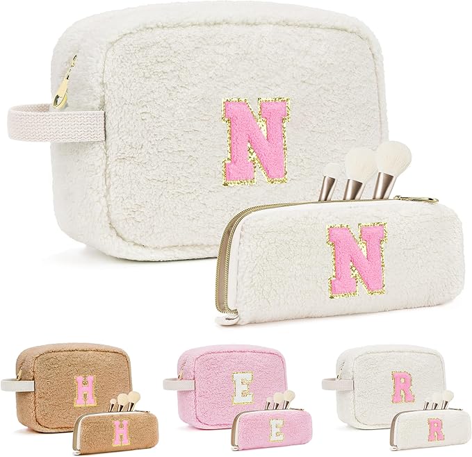 for Valentines Day Gifts, Travel Makeup Bag for Women, Initial Make Up Bag Set for 6 7 8 9 10 11 12 13 Years Old Kids Tween Girls, Large Cosmetic Skincare Bags for Birthday Gifts, White N