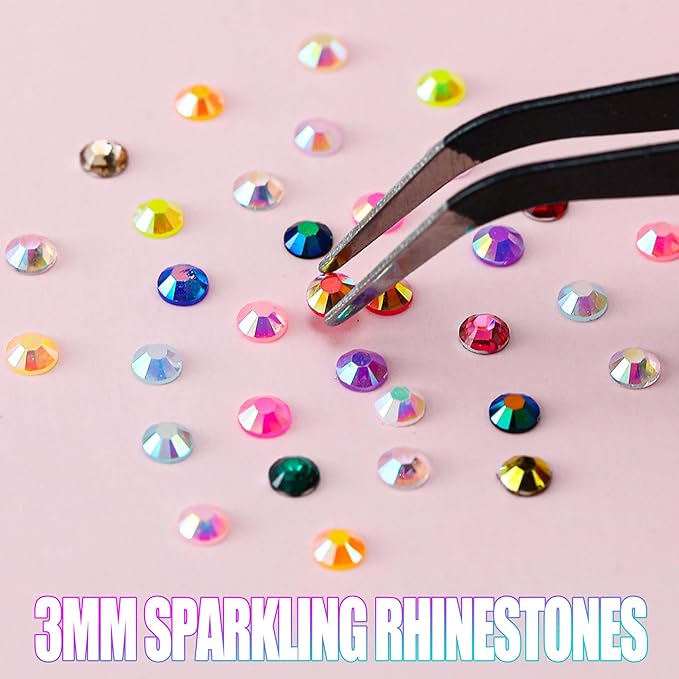 BANA 48000Pcs in 48 Colors Rhinestones for Bedazzling and Diamond Art, 3mm Flatback Gems with 3×10ml B7000 Jewelry Glue Tweezers, Perfect for Nail Art, Crafting, Clothing, Fabric Decor