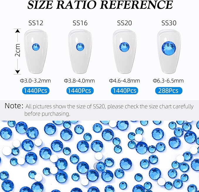 Meibite Capri Blue Flatback Rhinestones, Glass Rhinestones for Nail Art and Craft, Glue Fix, Loose Crystal Gemstones(Capri Blue, SS30, 288pcs, 6.4-6.6mm)
