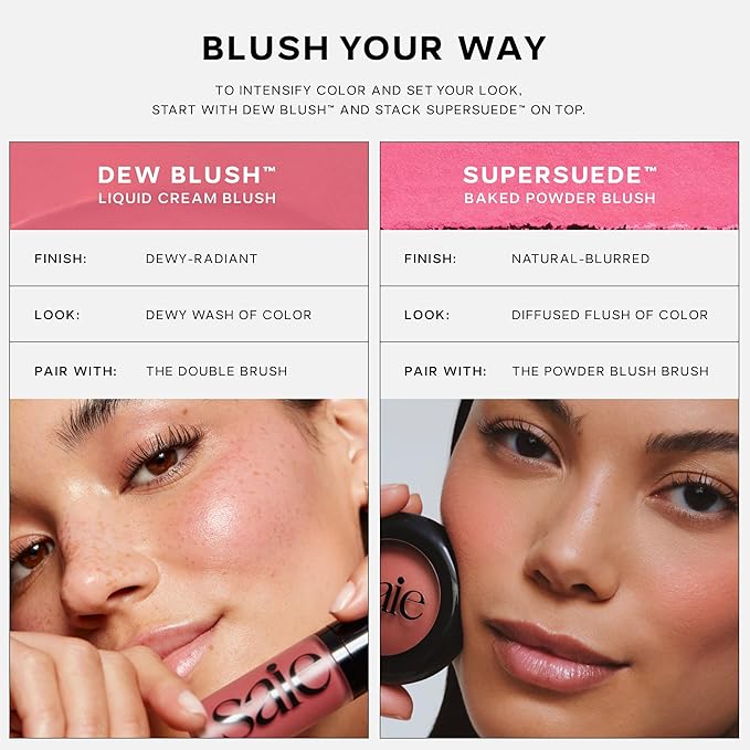 Saie SuperSuede Baked Blush - Talc-Free Powder Blush for Cheeks Infused with Hyaluronic Acid, Glycerin + Squalane - Hydrating Face Makeup for a Natural, Diffused Flush of Color - Grazie (0.1 Ounce)