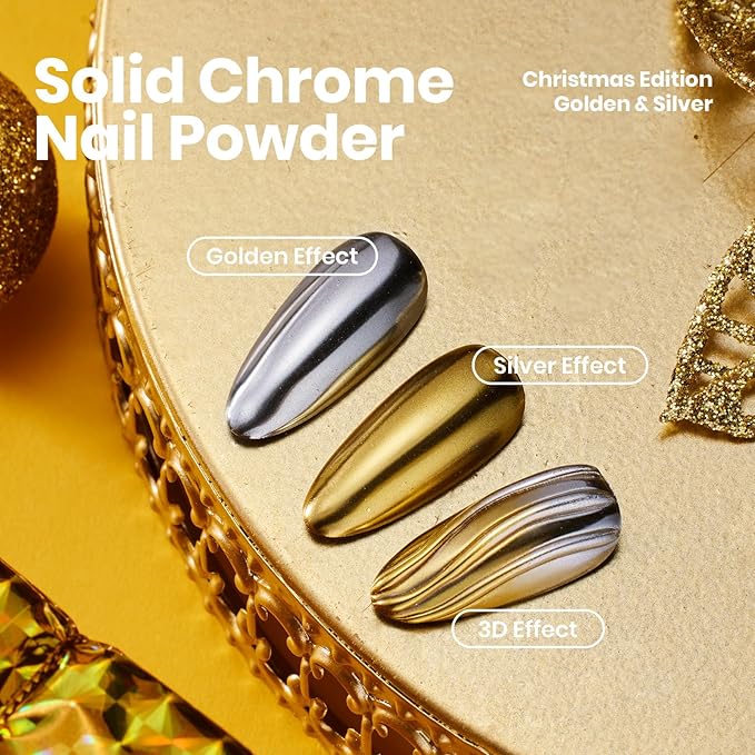 Beetles Chrome Nail Powder 2 Colors Mirror Effect Gold Silver Metallic Cromer Powder for Nail Solid Pigment Nails Art Decoration Glitter Manicure Design Gift for Women
