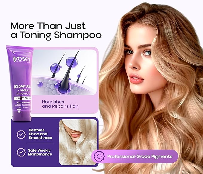 IYOSEI Professional Purple Shampoo Blond Art + Violet – Shampoo for Blondes with Highlighted, Bleached & Gray Hair – Intense Purple Toning for Blonde Hair Care and Color Balance – 7.78 Fl oz Tube