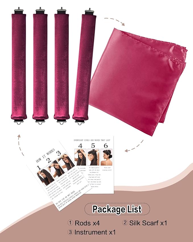 Heatless Curls Overnight Hair Curler - 4 Pcs Curling Rod to Sleep In, Velvet Hair Rollers with Satin Hair Scarf