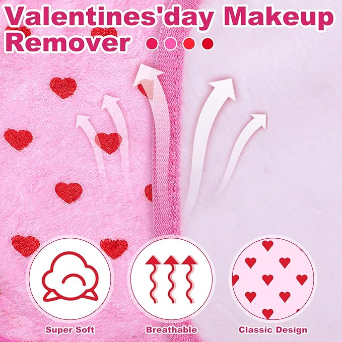 Frienda 24 Pcs Galentines' Valentines' Day Heart Makeup Remover Cloth 6" x 6" Towels Reusable Washable Remover Pads Soft Microfiber Washcloths Facial Cloths Makeup Towel Galentines' Gifts for Women