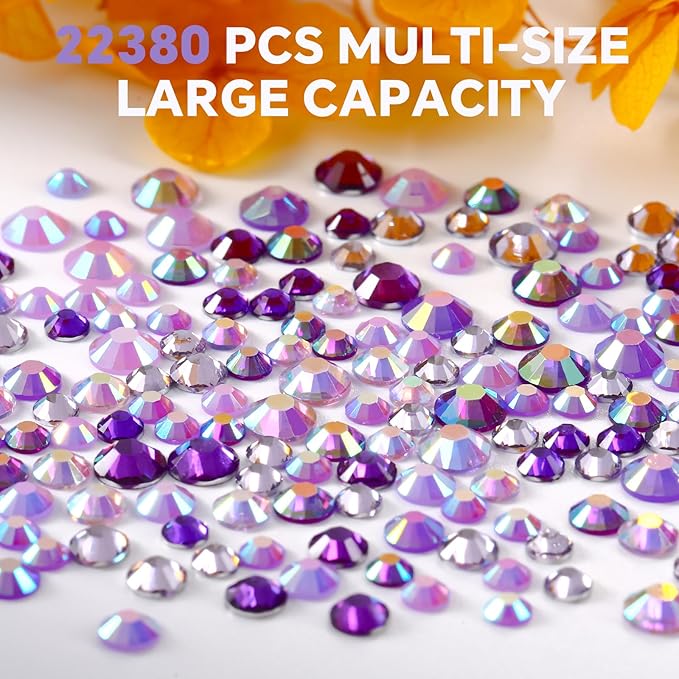 22380Pcs Purple Jelly Rhinestones Kit- Resin Mixed Color Rhinestones for Nail Clothes Shoes Tumblers Decoration Flat Back Round(3mm,4mm,5mm)