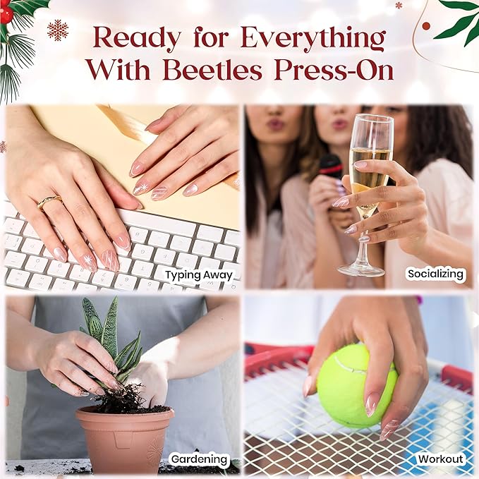 Beetles Christmas Press On Nails - Christmas Bow | Short Almond Press On Nails | 32Pcs 16 Sizes Natural Salon Quality Red French Nail Tips With Quick-drying Nail Glue For Women