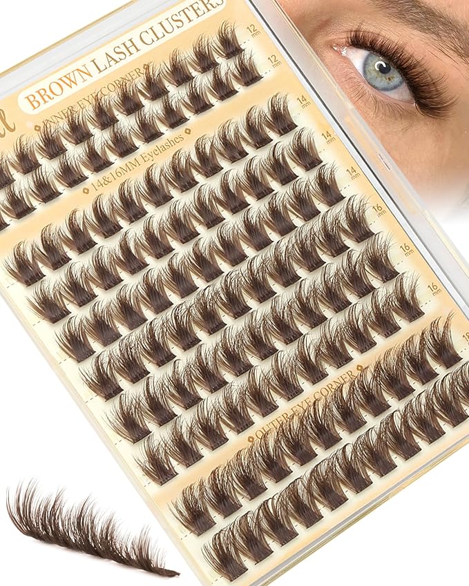 Pleell Brown Lash Clusters Fluff Manga Eyelash Clusters Natural Volume Cluster Eyelashes Extensions D-Curly 12-18MM Cluster Lashes Wispy False Lashes Clusters