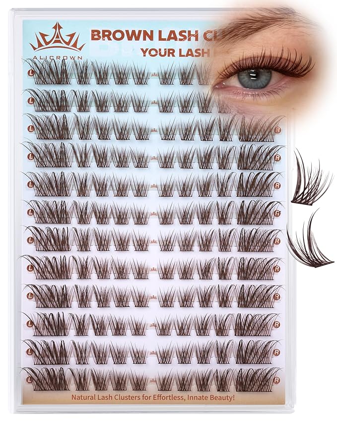 ALICROWN Brown Lash Clusters Natural Eyelash Extensions Cat Eye Eyelash Clusters Left & Right Wispy Lash Extensions Fox Eye Cluster Lashes C Curly DIY Individual Lashes Fairy Eyelashes