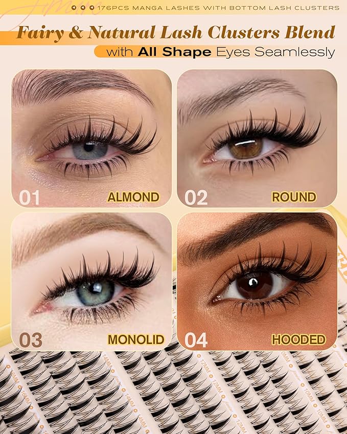 Manga Lash Clusters Wispy Lashes Clusters Natural Look Natural Eyelash Clusters Eyelash Extensions 8-16MM Fairy Individual Lashes with Bottom Lashes 6-7mm