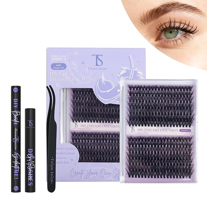 THINK SHOW Wispy Lash Clusters Kit 40D 9-16mm 280pcs Natural Eyelash Extension Kit with Bond and Seal,Tweezers,Remover Individual Lashes Clusters for Beginners and Self Use (40D)