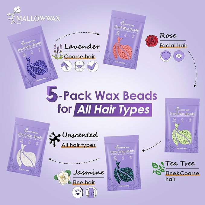 Mallowwax Wax Beads for Hair Removal -5 Pack Hard Wax for Sensitive Skin, Ideal for Bikini, Brazilian, Face, Eyebrow, Legs, Armpit, Full Body - Professional Waxing Wax Refill at Home for Women Men