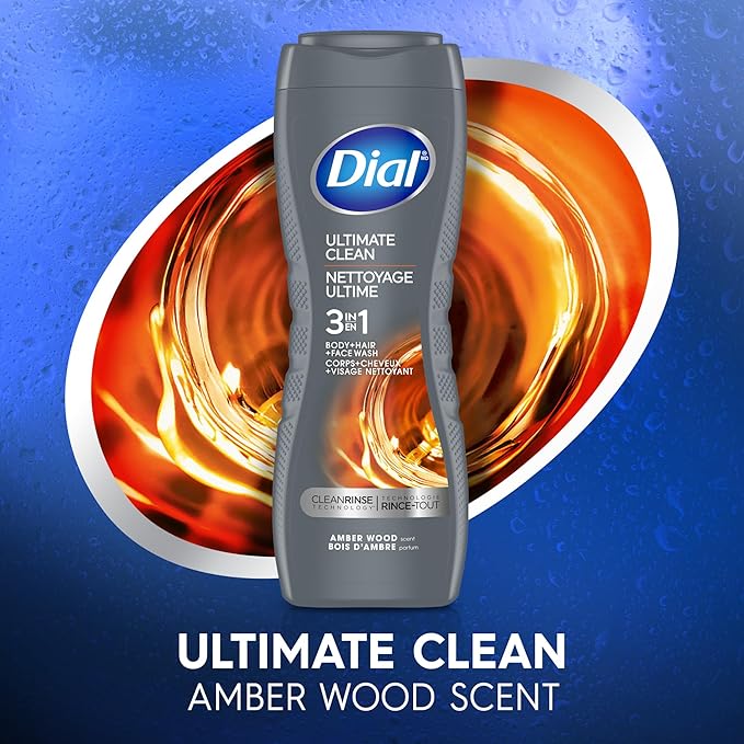 Dial Men 3 in 1 Body, Hair and Face Wash, Ultimate Clean, 16 Fl Oz, Pack of 4, Amber Woods Scent, Cleanses Deep + Gentle on Skin with Clean Rinse Technology