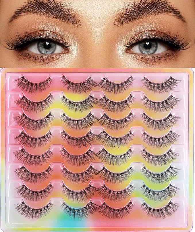 False Eyelashes Natural Look Clear Band Mink Lashes 5D Cat Eye Lashes Wispy Faux Mink Strip Lashes Pack by Kiromiro