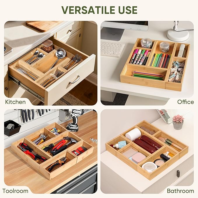 Bamboo Drawer Organizers Set, 3PCS Multi-Use Wood Storage Organizers, Desk Drawer Tray for Kitchen, Bathroom, Office, Dresser, Bamboo Box Bin for Jewelry, Makeup, Junk, Gadgets