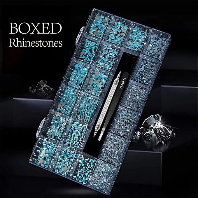 Yzzseven 14 Types of 700 Lake Blue Diamonds + 2100 Flat Rhinestones Mix 20 Styles Flatback DIY Crafts Rhinestone Crystals 3D Ornament‌s Flat Back Stones Set + Tweezers + Drill Pen