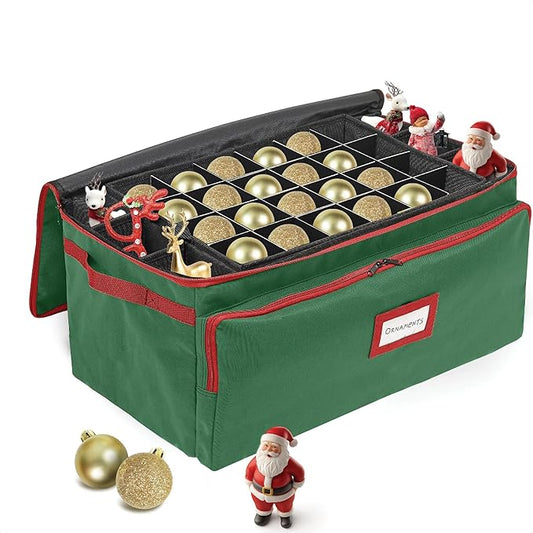 Premium Christmas Ornament Storage Box – Holds up to 72-3” Ornaments + 6 Side Slots for Figurines & Nutcrackers – Holiday Decoration Organizer – Durable 600D Green Canvas
