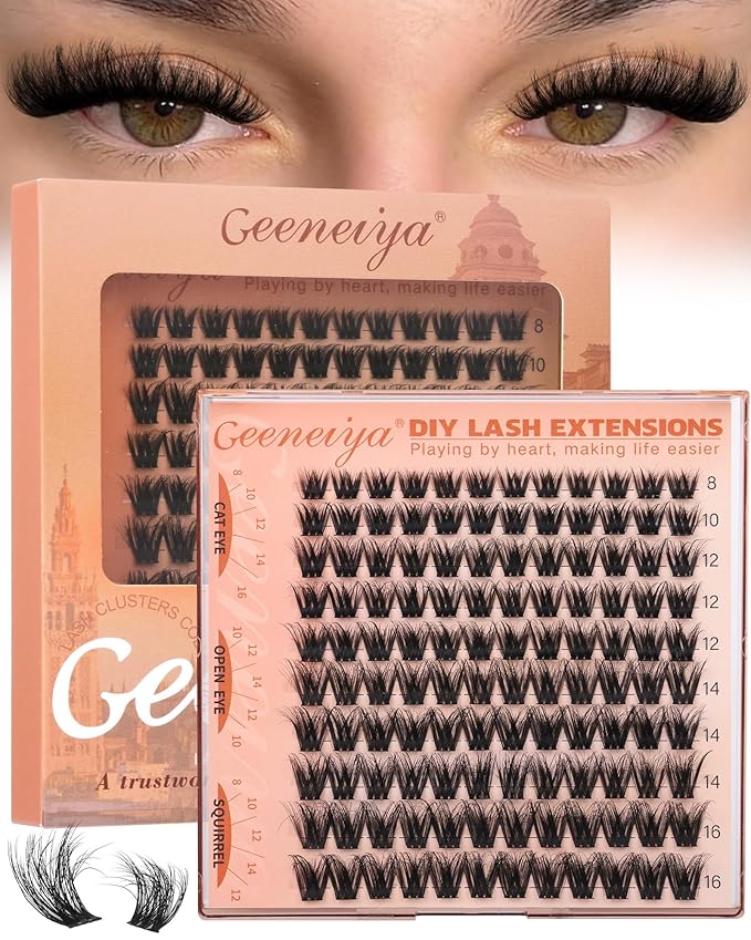 Geeneiya Fluffy Lash Clusters Wispy Eyelash Clusters, 8-16mm Natural Lashes Clusters, C Curl Cluster Eyelash Extensions, Natural Look Lash Extension for Beginners