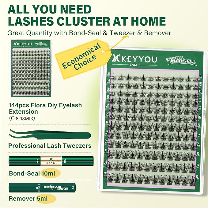 KEYYOU LASH Lash Clusters Kit Manga Lashes 8-18mm C Curl Wispy Lash Clusters Ultra-Thin Natural Lashes with Spike Eyelash Extensions 144pcs Fairy False Eyelashes with Remover Bond and Seal（F03 Kit）