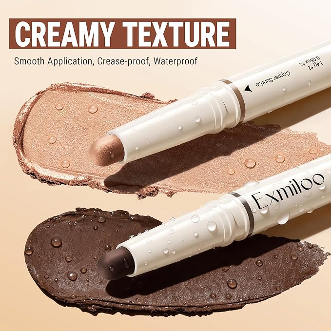 exmiloo Cream Eyeshadow Stick - 2-in-1 Dual-Ended Shimmer Eye Shadow Stick - Silky Smooth, Waterproof, Crease-Proof, Long-Lasting Eyeshadow for Women Girls (Bronze Glow)
