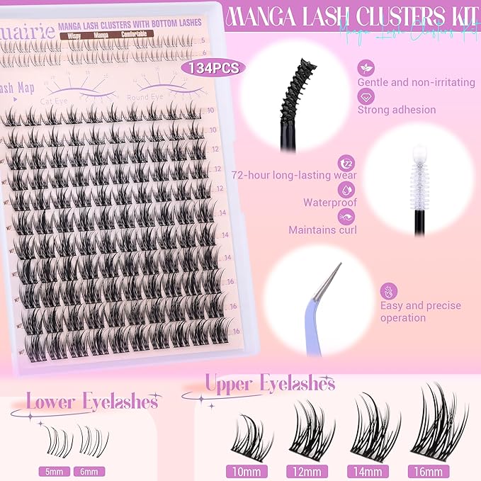 Natural Lash Clusters Kit Manga Lash Extension Kit Wispy Cluster Eyelash Extensions Anime Lashes Clusters 10-16mm DIY Eyelash Extension with Waterproof Bond,Seal and Tweezers by Ruairie