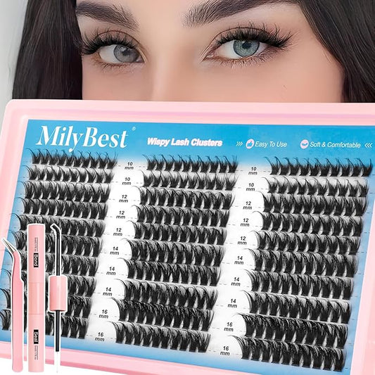 MilyBest Lash Clusters Fluffy DIY Lash Extensions Kit Thick Volume 80D Eyelash Clusters 10-16mm Individual Eye Lashes Wispy False Eyelashes D Curl 300pcs High Capacity Cluster Eyelash Extensions Kit
