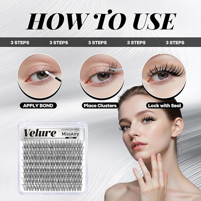 MissAiry Velure Lash Clusters LengthLock Eyelash Extensions Natural Lash Clusters 16MM Lashes Cluster Natural with Invisible Band Venus D Curly Individual Eyelashes Diy at Home(Velure 16MM)