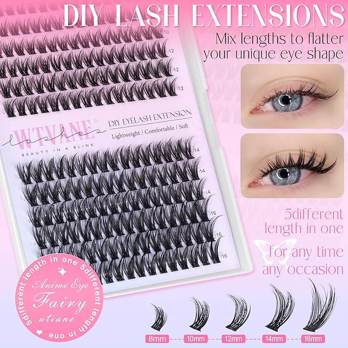 Wtvane Lash Clusters Wispy Eyelash Clusters 8-16mm Natural Cluster Eyelash Extensions Fairy Lashes Clusters False Eyelashes CD-Curly 192Pcs Individual Lashes DIY Natural Manga Lashes Look at Home