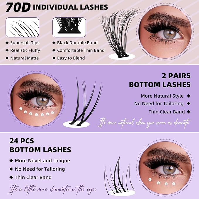 B&Qaugen Eyelash Extension Kit with Bottom Lash Extension 10-18mm 70D D Curl Lash Clusters Kit with Bottom Lashes DIY Lash Extension Kit Bond and Seal Lash Applicator (Kit-70D-D-MIX10-18)