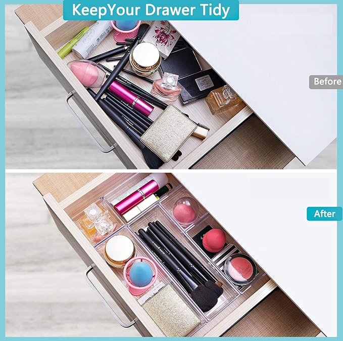 DCA 12 PCS Clear Plastic Drawer Organizer Set, 4 Sizes Makeup organizer, Vanity Organizer for Makeup, Stationery,Gadgets,Kitchen,Bathroom,Office,Bedroom