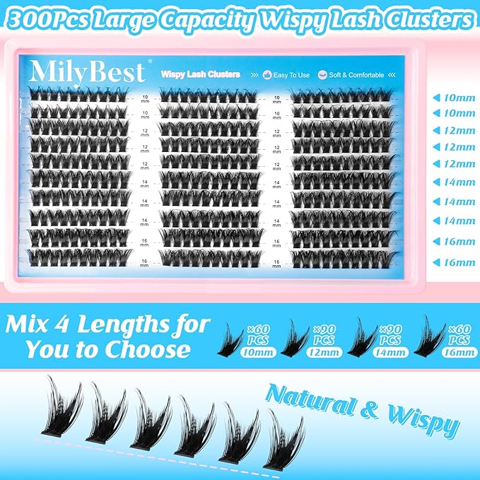 MilyBest Lash Clusters Fluffy DIY Lash Extensions Kit Thick Volume 80D Eyelash Clusters 10-16mm Individual Eye Lashes Wispy False Eyelashes D Curl 300pcs High Capacity Cluster Eyelash Extensions Kit