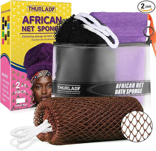 THURLADY African Net Sponge, 2 Pack African Bath Sponge Scrub Net, Gentle Exfoliation for Daily Shower Use, Black and Coffee