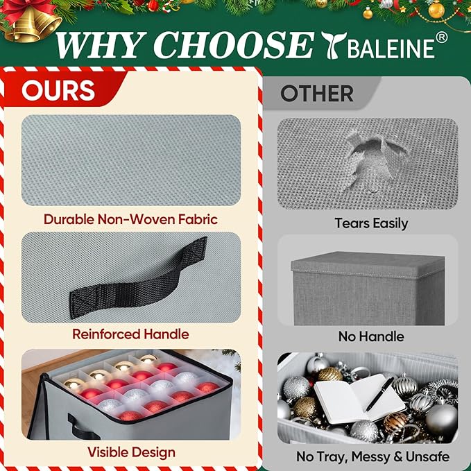 BALEINE Christmas Ornament Storage Box with Dividers, Premium Holiday Ornaments Storage Container Bin for Xmas Decorations (64 Ball, Grey, Soft)