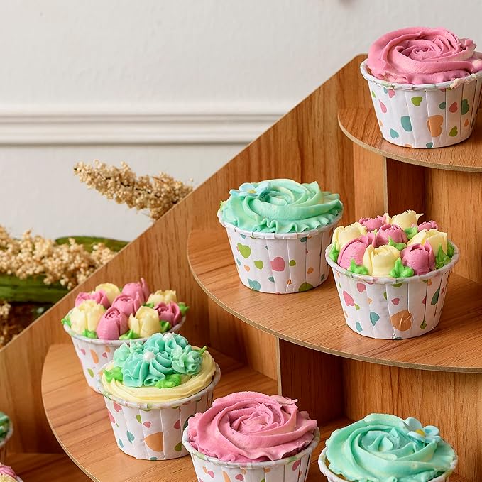 4-Tier Retail Wooden Display Riser - Farmers Market Craft Fair Display Rack - Candle Soap Cups Mugs Tumblers Corner Display Stand For Craft Shows - Curved Countertop Table Display For Cupcakes