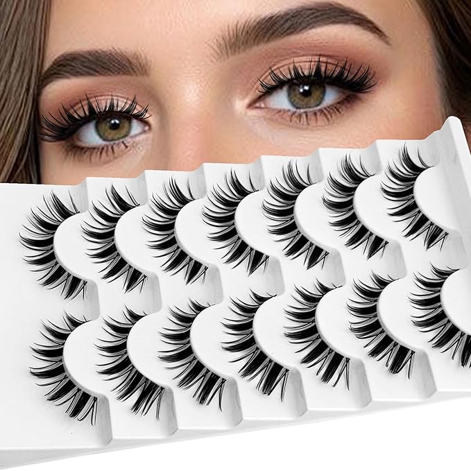 False Eyelashes Manga Lashes Anime Strip Fake Eyelashes YASNAI Fairy Spiky 7 Pairs Faux Mink Lashes Cosplay 8-14mm Wispy Natural Look Thick Fake Eye Lashes Soft Lashes