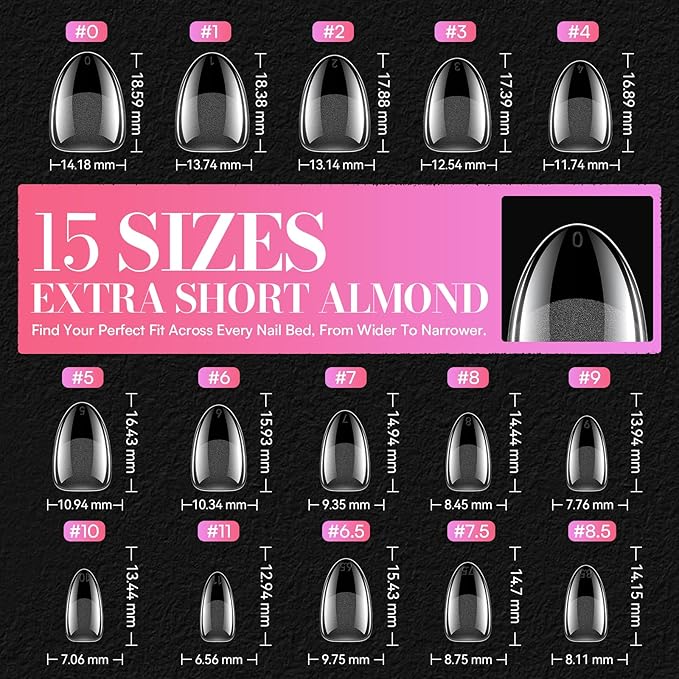 Makartt Extra Short Almond Nail Tips: 504PCS, 15 Sizes, Half Matte, Clear Artificial Fake Nails Almond Shapes - Full Cover Soft Acrylic Press On Nail Extensions Supplies Salon and DIY at Home