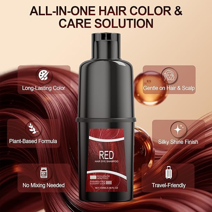 Red Hair Dye Shampoo - Bold Red Hair Dye Shampoowith Botanical Ingredients for Radiant Color and Healthy-Looking Hair