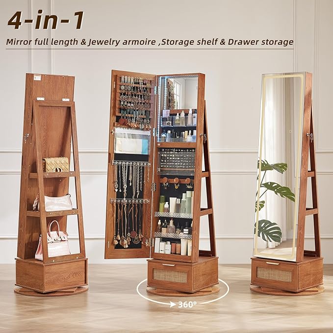 Rattan 360° Swivel Jewelry Armoire Cabinet Standing with Full Length Mirror, Lockable Jewelry Organizers and Drawer Storage with 3 Color LED Lights & Interior Mirror Rear Storage Shelves