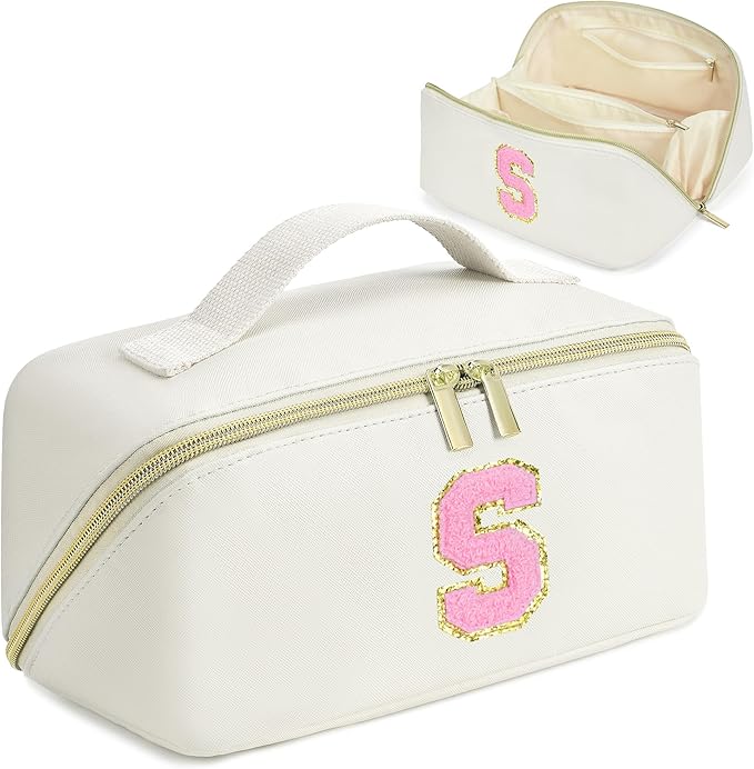 for Valentines Day Gifts, Makeup Bag for Women, PU Leather Travel Toiletry Bags, Initial Make Up Cosmetic Pouch for Teen Girls, Wide Open Portable Skincare Bag, Personalized Birthday Gifts, White S