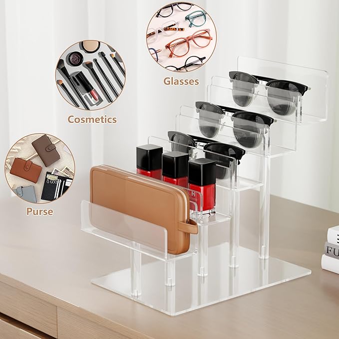 ihomecooker 2 Pack Acrylic 5-Tier Display Stand Clear Purse/Wallet/Sunglasses Organizer Tool-Free Assembly Jewelry & Cosmetic Rack