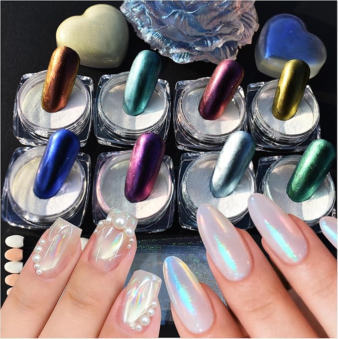 Holographic Chrome Nail Powder Kit - 8 Jars Pearl Chrome Mirror Effect Powder and 10 Sheets Transparent Aurora Nail Transfer Foils, Glitter Manicure Art Supplies